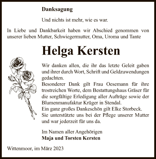Todesanzeige von Helga Kersten von UEL