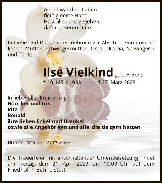 Todesanzeige von Ilse Vielkind von UEL