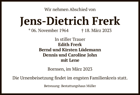 Todesanzeige von Jens-Dietrich Frerk von UEL
