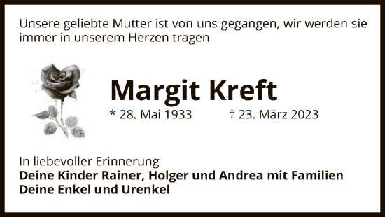 Todesanzeige von Margit Kreft von UEL