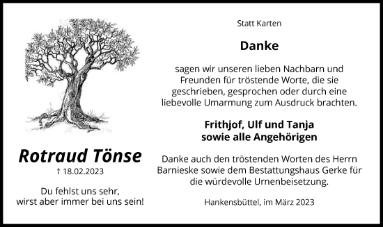 Todesanzeige von Rotraud Tönse von UEL