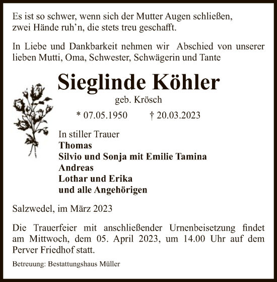 Todesanzeige von Sieglinde Köhler von UEL