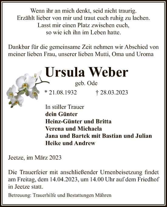 Todesanzeige von Ursula Weber von UEL