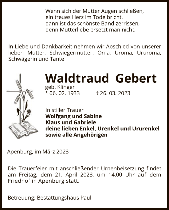 Todesanzeige von Waldtraud Gebert von UEL