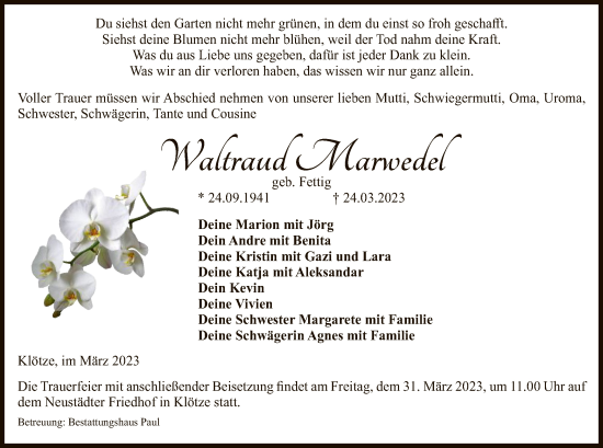 Todesanzeige von Waltraud Marwedel von UEL