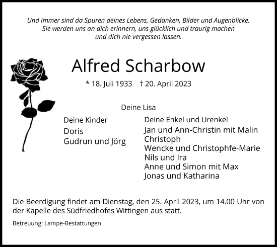 Todesanzeige von Alfred Scharbow von UEL