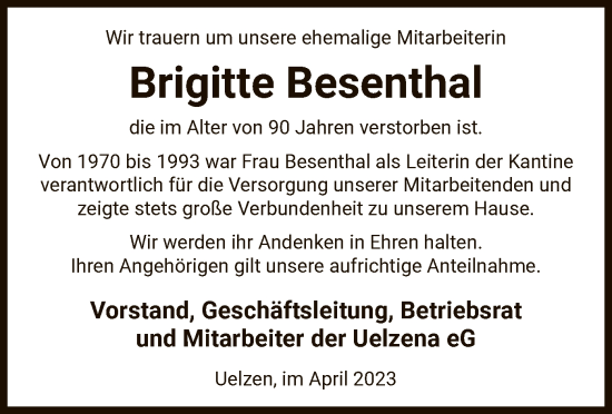 Todesanzeige von Brigitte Besenthal von UEL
