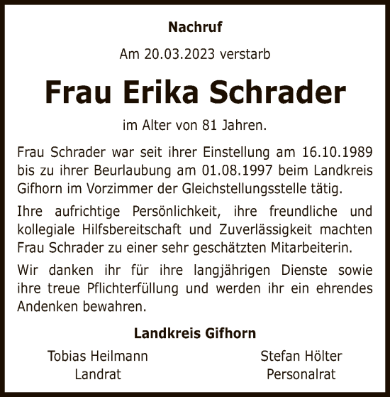 Todesanzeige von Erika Schrader von UEL