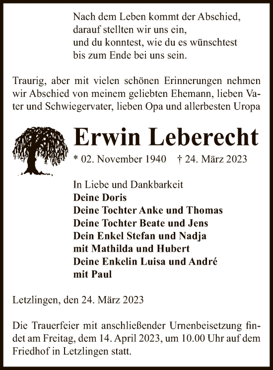 Todesanzeige von Erwin Leberecht von UEL