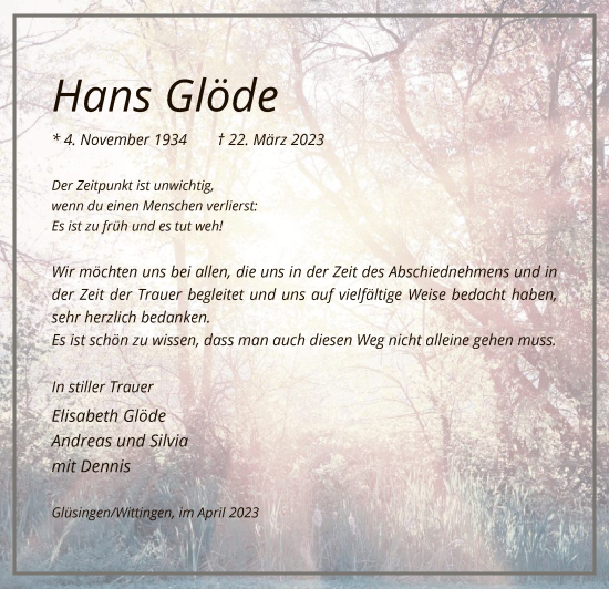 Todesanzeige von Hans Glöde von UEL