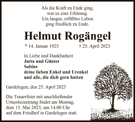 Todesanzeige von Helmut Rogängel von UEL