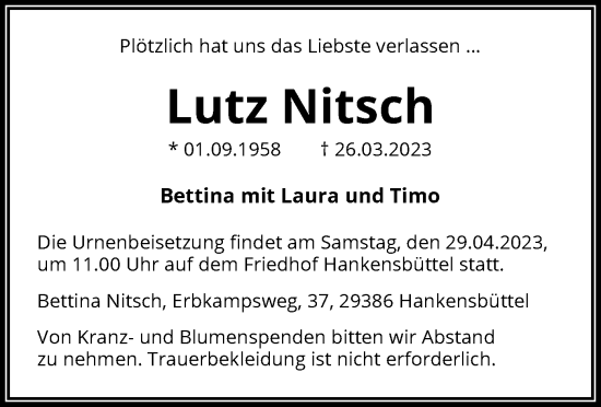 Todesanzeige von Lutz Nitsch von UEL