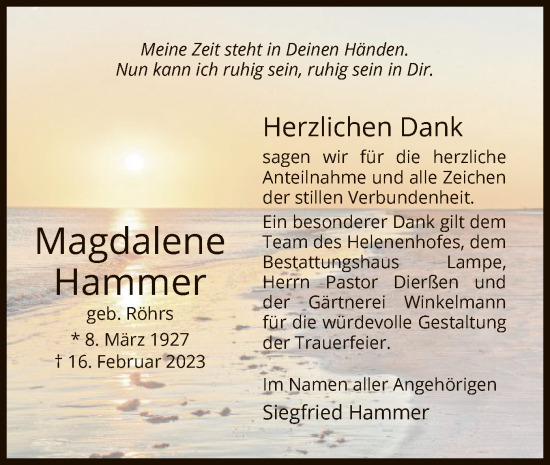 Todesanzeige von Magdalene Hammer von UEL