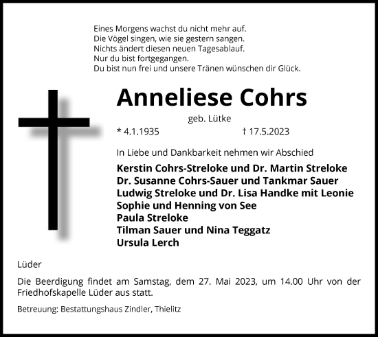 Todesanzeige von Anneliese Cohrs von UEL