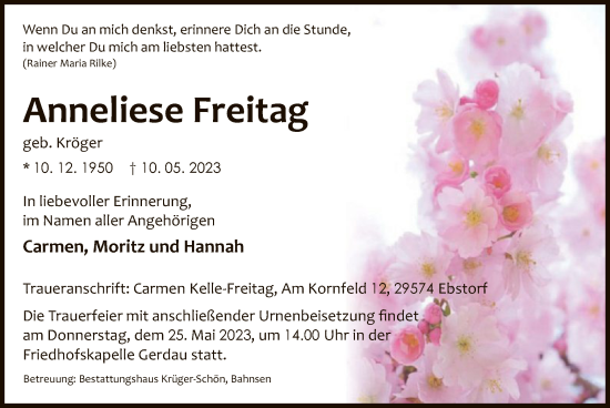 Todesanzeige von Anneliese Freitag von UEL