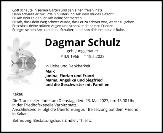 Todesanzeige von Dagmar Schulz von UEL