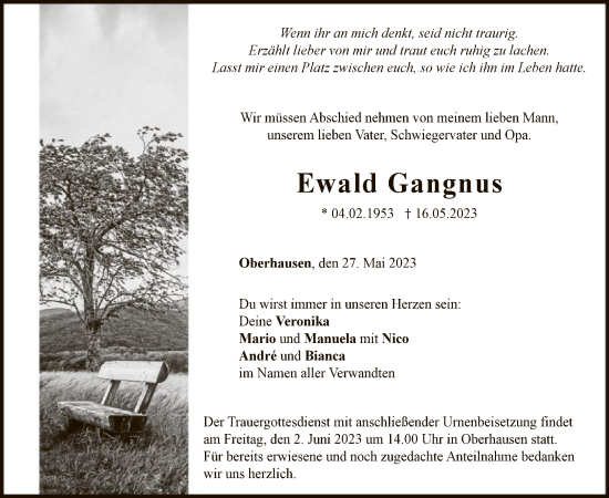 Todesanzeige von Ewald Gangnus von UEL