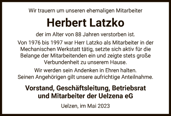 Todesanzeige von Herbert Latzko von UEL