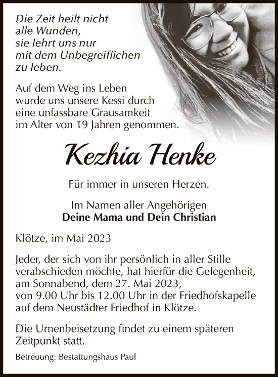 Todesanzeige von Kezhia Henke von UEL
