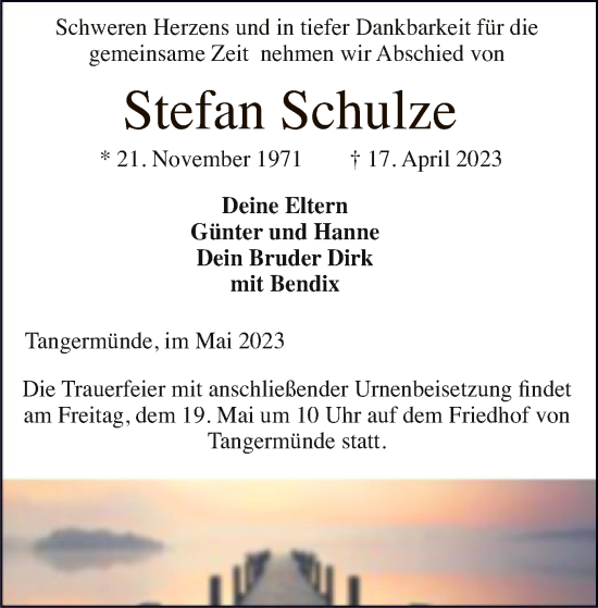 Todesanzeige von Stefan Schulze von UEL