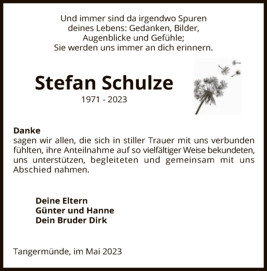 Todesanzeige von Stefan Schulze von UEL