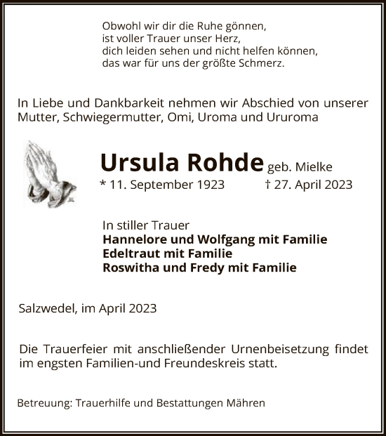 Todesanzeige von Ursula Rohde von UEL