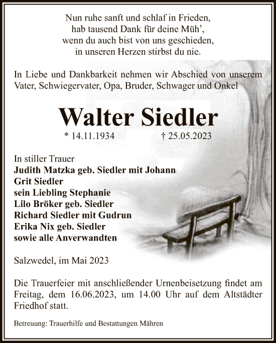 Todesanzeige von Walter Siedler von UEL