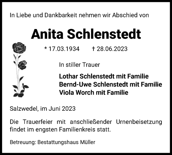 Todesanzeige von Anita Schlenstedt von UEL