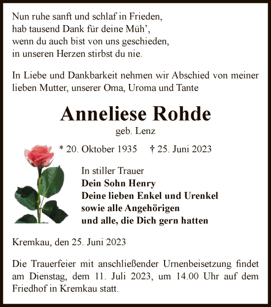 Todesanzeige von Anneliese Rohde von UEL