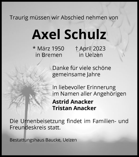 Todesanzeige von Axel Schulz von UEL
