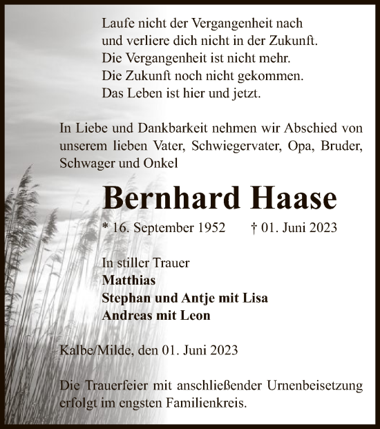 Todesanzeige von Bernhard Haase von UEL