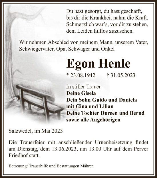 Todesanzeige von Egon Henle von UEL