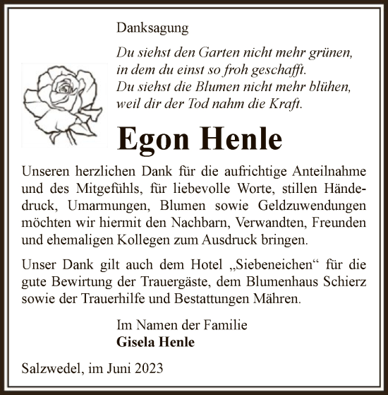 Todesanzeige von Egon Henle von UEL