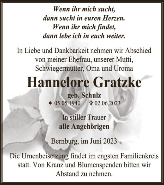 Todesanzeige von Hannelore Gratzke von UEL