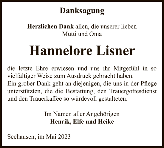 Todesanzeige von Hannelore Lisner von UEL