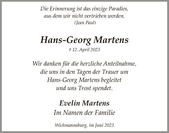 Todesanzeige von Hans-Georg Martens von UEL
