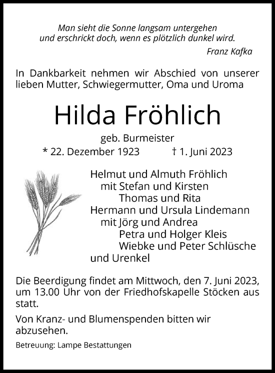 Todesanzeige von Hilda Fröhlich von UEL