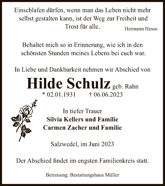 Todesanzeige von Hilde Schulz von UEL