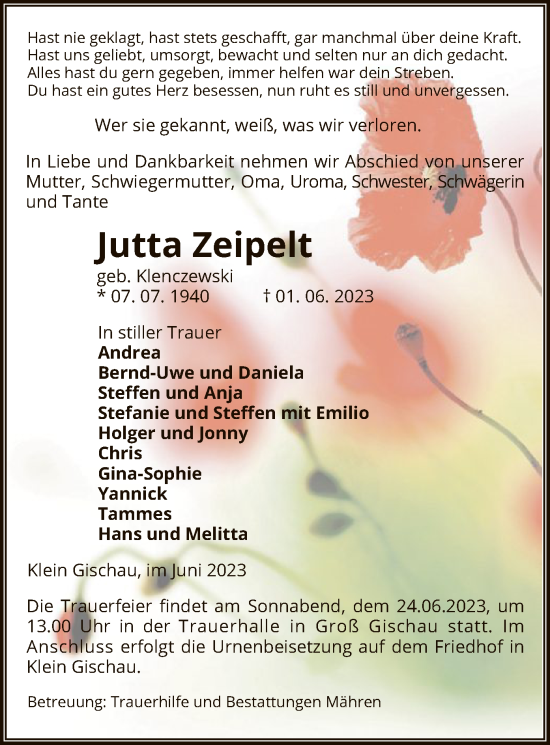 Todesanzeige von Jutta Zeipelt von UEL
