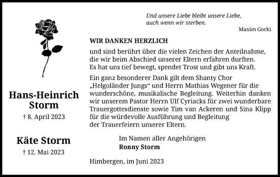 Todesanzeige von Käte und Hans-Heinrich Storm von UEL