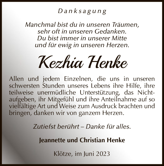 Todesanzeige von Kezhia Henke von UEL