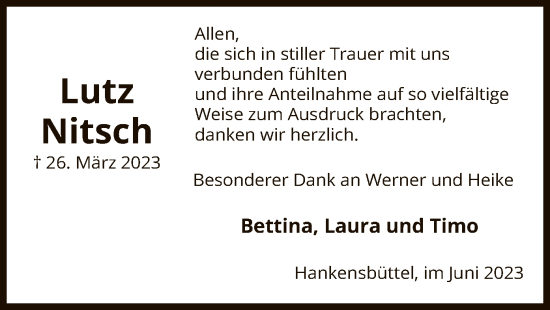 Todesanzeige von Lutz Nitsch von UEL