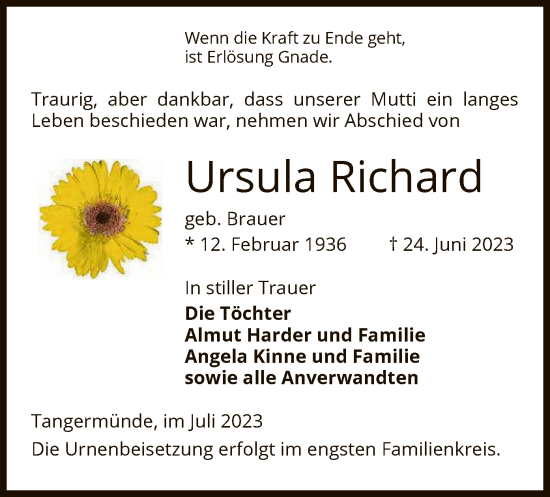 Todesanzeige von Ursula Richard von UEL