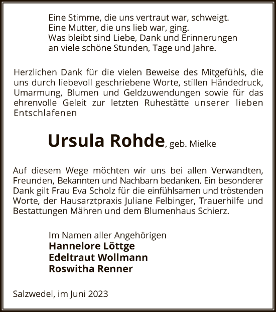 Todesanzeige von Ursula Rohde von UEL