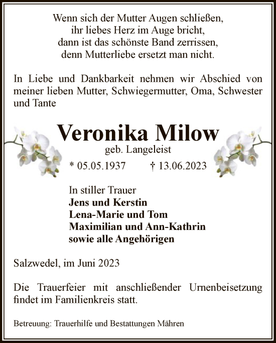 Todesanzeige von Veronika Milow von UEL