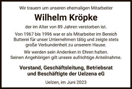 Todesanzeige von Wilhelm Kröpke von UEL
