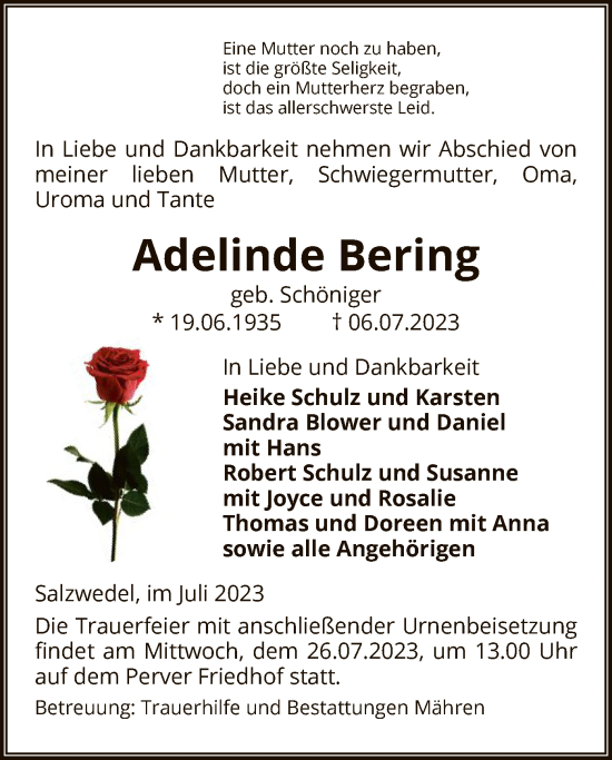 Todesanzeige von Adelinde Bering von UEL
