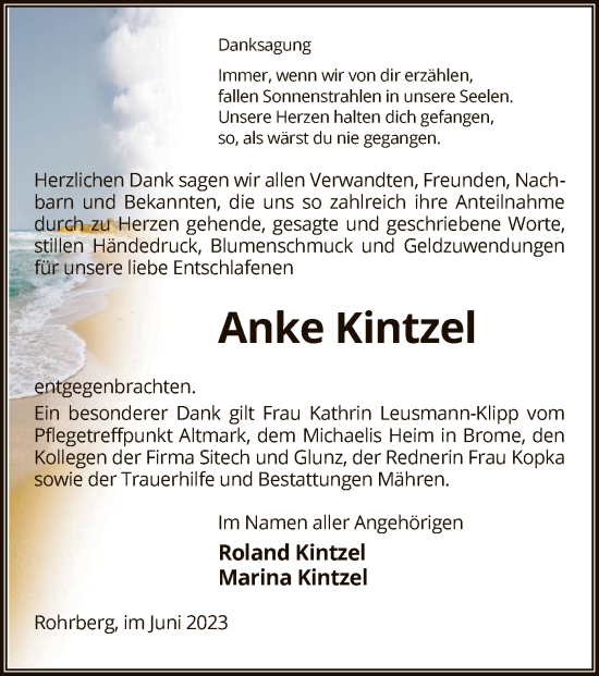 Todesanzeige von Anke Kintzel von UEL