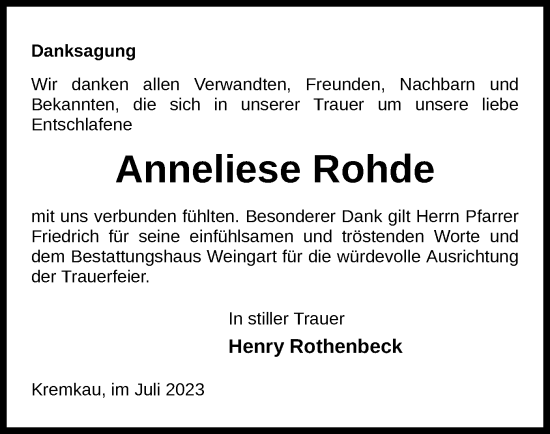 Todesanzeige von Anneliese Rohde von UEL
