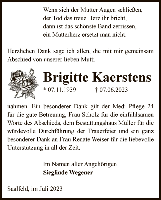 Todesanzeige von Brigitte Kaerstens von UEL